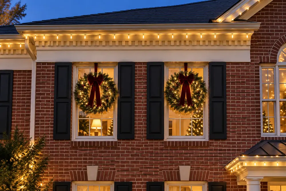 Lit wreaths with burgundy bows hung on each front window of a brick home