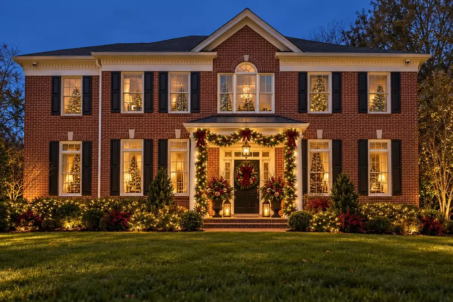 Estate Stoop package example: full entry garland, window wreaths and urns on a brick colonial